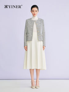 YINER | Spring New Contrast Stripe Shimmer H-Shape Short Round Neck Jacket