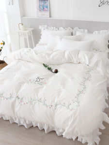 French Elegant White Bed Skirt Quilt Cover Set 100% Pure Cotton Princess Style Bedding Four-Piece Set Summer Cooling