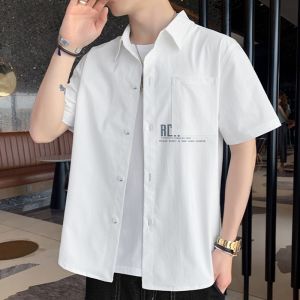 Lormen Summer New Mens Short Sleeve Casual Shirt Youthful No Ironing Required Workwear Style Outer Jacket Loose Fit Polyester Fiber