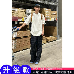 Quần Dài Nam Kẻ Caro Màu Xanh Mùa Hè Mỏng Phong Cách Đường Phố Quần Dài Thể Thao Rộng Rãi Cạp Vừa Quần Dài Thường Ngày