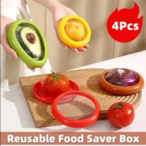 KEBIDU 4pcs Oval Fruit Preservation Box Reusable Food Preservation Box Retractable Film Storage Container Fruit Preservation Sealing Lid Kitchen Tool