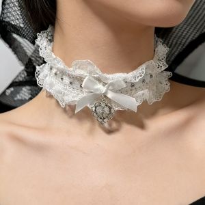 Goth Đen Ren Vòng Cổ Choker Có Nơ & Mặt Dây Chuyền Trái Tim Cho Bé Gái Vintage Y2K Punk Lolita Cosplay Co Giãn Cổ Trang Sức