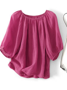 Pink Cotton Linen Shirt Women Summer Simple round Neck Loose Top Thin Cotton Linen Sleeveless Shirt Sweet Style Bubble Sleeve