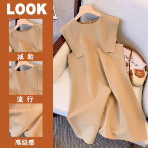 ชุดเดรสแขนกุดคอตั้งแขนกุดสำหรับผู้หญิงไซส์เล็ก ฤดูร้อน 2024 แฟชั่นลำลอง สีพื้น ทรงตรง เดรสยาวปานกลาง