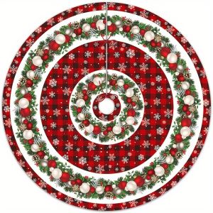 VIKAMA Red Black Checkered Christmas Tree Skirt Wreath Snowflake Print Christmas Tree Skirt Cushion Home Party Holiday Decor