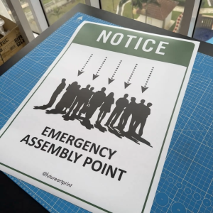 Notice Emergency Assembly Point. Sign Label Notice Signage. Laminated Waterproof Scratch Resistant. Suitable for Indoor and Outdoor.