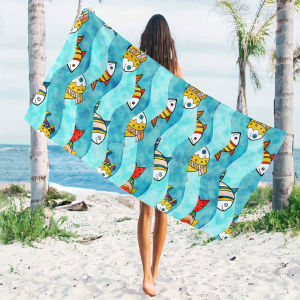cartoon fish waves Beach Towels Ultra Lightweight Quick Drying Super Absorbent Summer Essential Fast-Drying Towel for Beach