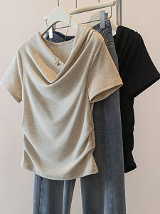 plus Size Womens American Retro Pleated Short Sleeve T-Shirt V-Neck Waist-Cinching Arc Top Belly Concealing Meat Hiding