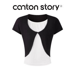 Cantonstory | Áo Thun Nữ Tay Ngắn Cổ Tròn Dáng Ôm Họa Tiết Giả Hai Miếng Mùa Hè Màu Đen