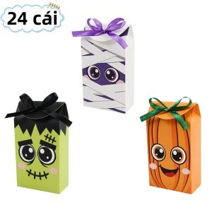 Hộp Quà Trang Trí Halloween Hình Quái Vật Giấy 12/24 Cái/bộ Thiết Kế Frankenstein Xác Ướp Bí Ngô Kèm Ruy Băng Hộp Quà Gấp Được