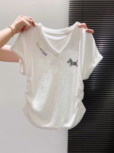 Slimming Ruffled V-Neck T-Shirt White