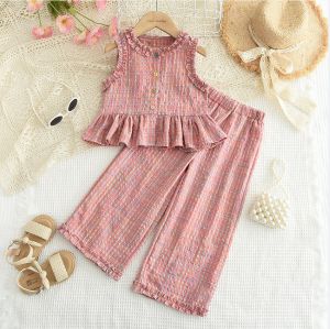 Bear Leader Girls Clothing Sets Pink Plaid Sleeveless Top + Wide Leg Pants Lace Two-piece Suit Summer Kids Fashion Outfits
