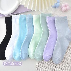 8 คู่ ผู้หญิง ถุงเท้าถึงกลางน่อง Pure ผ้าฝ้าย ถุงเท้า สีดำ สีขาว ฤดูใบไม้ผลิ สีลูกกวาดป้องกันกลิ่นตลอดทั้งปีแฟชั่นบ้านสบาย