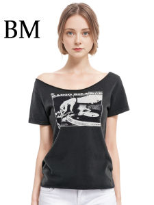 Rock Style Shoulder Bared Short Sleeve T Shirt Rose Disc Jockey Print Cuffed One Shoulder Black Casual Summer Cotton Top