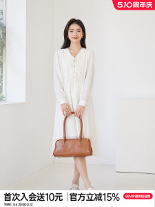 Naegvrre French Style V-Neck Dress Waist-Cinching Gentlewoman Long Skirt Spring Autumn Womens Fashion Elastic Waist Long Dress