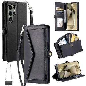 Flip Leather Phone Case for Samsung Galaxy S24 Ultra S23 FE S22 S21 S20 S10 Plus Note 20 10 9 8 Long Lanyard Wallet Card Cover