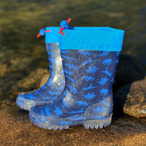 Kids’ Outdoor Cute Cartoon Blue Dinosaur Glitter PVC Rain Boots with Drawstring Closure - Waterproof Anti-slip Water Shoes