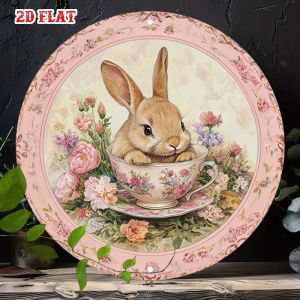 CIFbuy | Adorable Rabbit Floral Teacup Tin Sign 7.8x7.8in Frameless Aluminum Wall Art Decor for Living Room