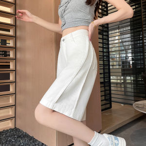 Womens 2026 Summer White Five-Point Denim Shorts Korean Y2K High Waist Loose Slimming Stretch Straight Leg Jeans