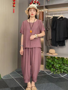 ชุดสองชิ้นคอตั้งแขนสั้นฤดูร้อนสำหรับผู้หญิงวัยกลางคน ชุดทำงานลำลอง สีสันสดใส ชุดทำงานลำลอง ชุดทำงานลำลอง