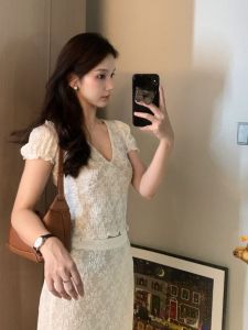 CHANGTONG | Attractive V-Neck Lace Top and Skirt Two-Piece Set