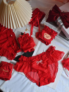 Lucky Red Butterfly Knot Underwear Triangle Pure Desire Lace Wedding Celebration Womens Mid-Low Waist Briefs Innerwear