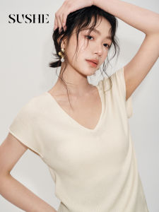 SUSHE | Romantic V-Neck Shoulder-Wrap Short-Sleeve Fine-Striped Curved-Hem T-Shirt Summer