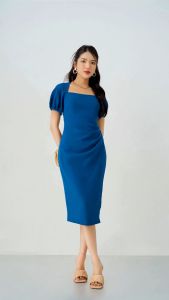 Vella Fashion - Đầm midi cổ vuông tay phồng nhún eo sườn VD23042