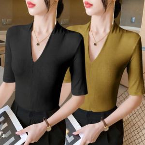 Lieoyuarn | Pure Color V-Neck Ribbed Modale Slim T-Shirt Women Spring Autumn Wear