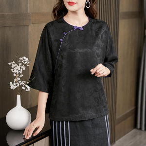 Silk Cheongsam Shirt Womens Traditional Chinese Style Summer New Mid-Year Mom Fragrant Cloud Silk Top round Neck Seven Sleeve