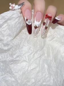 Handmade Christmas Red Nail Tips with Glass Beads And Bow Design Wearable Fake Nails Strawberry Pattern Cute And Elegant