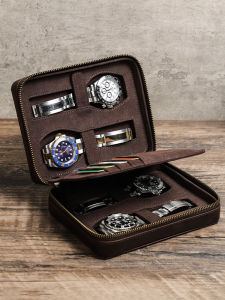 Ngựa Điên da Nubuck trường hợp đồng hồ xách tay 4/8 khe hộp hiển thị đồ đựng sắp xếp lưu trữ dây kéo Quan Tài Túi du lịch cổ điển