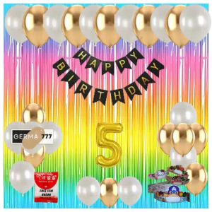 Paket Set Dekorasi Pesta Ulang Tahun Anak Balon Gold Putih Banner Hitam Free Topi Lingkar Dan Lem