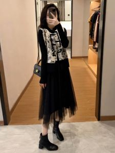 New 2024 Autumn Chinese Style Sleeveless Vest And Knitted Mesh Dress Two-Piece Set Womens Fashion A-Line Skirt V-Neck Dress