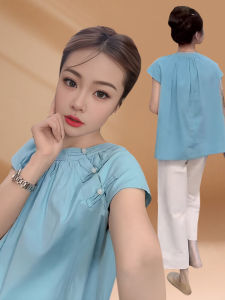 Fashionable Loose A-Line Shirt Womens round Neck Button up Fly Sleeve Pleated Slimming Summer New Style Traditional Chinese round Neck Shirt