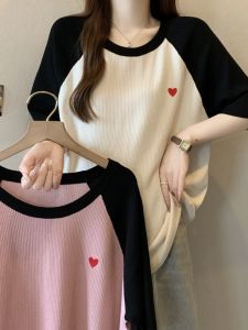 plus Size Knitwear Short Sleeve Loose Womens Top Belly Concealing Shoulder Insertion Patchwork Color Block Casual Shirt