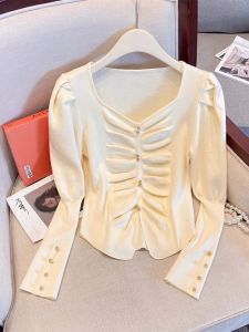 สไตล์ฝรั่งเศสแขนยาวถักสําหรับผู้หญิงแนวตั้งลายสบายๆ V คอเสื้อกันหนาว Shirking รูปแบบ SLIM FIT ฤดูใบไม้ร่วงฤดูหนาวเสื้อขนสัตว์