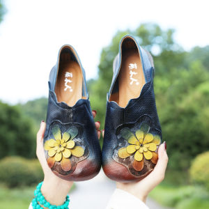 New Chinese Style Floral Womens Fashion Shoes Versatile Casual Mom Shoes Spring Autumn Thick Heel Comfortable Leather Inner