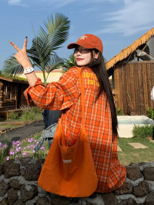 Orange Plaid Casual Long Sleeve Shirt Womens Spring Autumn American Retro Loose Style Commute Fashion Polyester Fiber Shirt