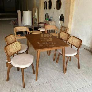 Set Kursi Makan Rotan Retro Kayu Jati Jepara - Kursi Cafe Resto Terbaru - Meja Makan Minimalis Harga Murah