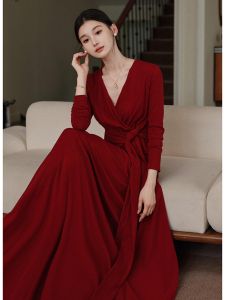 Elegant Red Belted Dress Formal Occasion Soft Gentle French Style Long Skirt Autumn Season High Waist A-Line Silhouette V-Neck