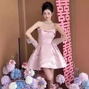 321ชุดสำหรับผู้หญิง 2025 ชุดกระโปรงสั้นหวานหรูหราแบบไม่มีสายสำหรับเจ้าสาว งานหมั้น งานแต่งงาน ชุดผู้หญิงสำหรับผู้ใหญ่