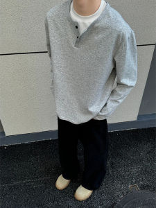 Gray Long Sleeve Henry Collar Polo Shirt Mens Style round Neck T-Shirt CleanFit Shoulder Sweatshirt Casual Loose Fit Youthful