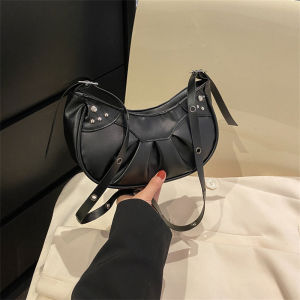 Trendy Retro Punk Motorcycle Bag Womens Underarm Rivet Moon Dent Folded Texture Single Shoulder Slant Cross Bag New 2023