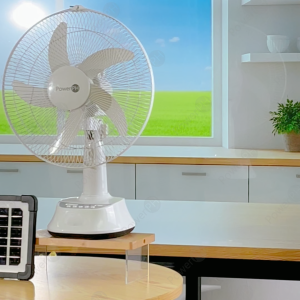 POWERPH 14inch Upgraded Rechargeable Electric Solar Fan With 6Watts 8Watts Solar Panel 2 LED Light Outlet Solar Charging 5-10 Hours Using time