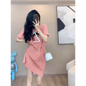 plus Size Womens French Style Pure Desire Pink Short Sleeve Dress Loose Fitting Fashionable Slimming Base Layer Skirt