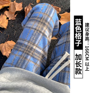 Red Plaid Fleece Lined Wide Leg Pants High Waist Draped Casual Autumn Winter Cotton Trousers Womens Floor Length Woolen Straight Leg Trousers