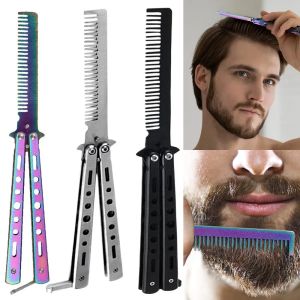 Foldable Hair Comb Stainless Steel Practice Training Butterfly Knife Comb Beard Moustache Brush Salon Hairdressing Styling Tool