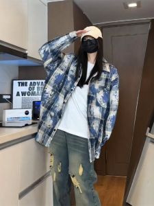 American Style Mens Long Sleeve Shirt Pineapple Pattern Tie Dye Plaid Spring Autumn High Quality Couple Match All-Match Outerwear