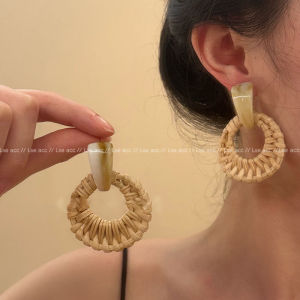 Bohemian Style Bamboo And Grass Woven Earrings Womens Unique Exaggerated Holiday Fashion Ear Jewelry Ear Hoops Ear Dangles